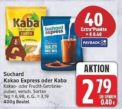 Suchard Kakao Express oder Kaba Kakao- oder Frucht-Getränkepulver, versch. Sorten 1kg = 6,98, n. G. = 3,19 400g Beutel