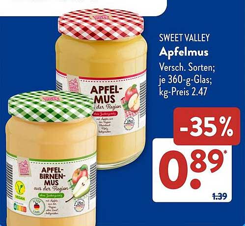 SWEET VALLEY Apfelmus Versch. Sorten; je 360-g-Glas; kg-Preis 2.47