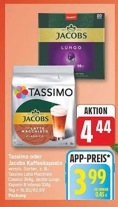 Tassimo oder Jacobs Kaffeekapseln versch. Sorten, z. B. Tassimo Latte Macchiato Classico 264g, Jacobs Lungo Kapseln 8 Intens 104g 1kg = 16,82/42,69 Packung