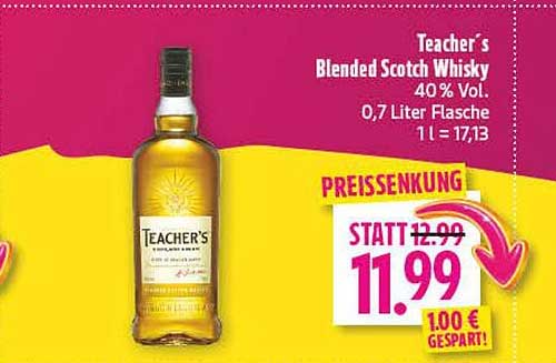 Teacher´s Blended Scotch Whisky 40% Vol. 0,7 Liter Flasche 1 l = 17,13