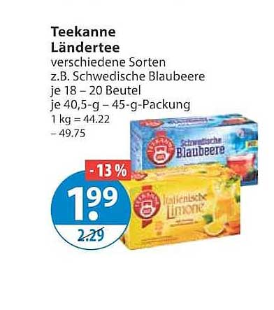 Teekanne Ländertee verschiedene Sorten z.B. Schwedische Blaubeere je 18–20 Beutel je 40,5-g – 45-g-Packung 1 kg = 44.22 – 49.75