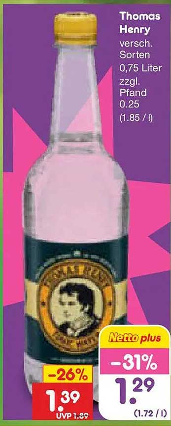 Thomas Henry versch. Sorten 0,75 Liter zzgl. Pfand 0.25 (1.85 / l)
