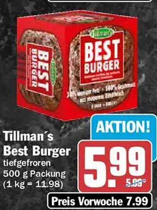 Tillman’s Best Burger tiefgefroren 500 g Packung (1 kg = 11.98)