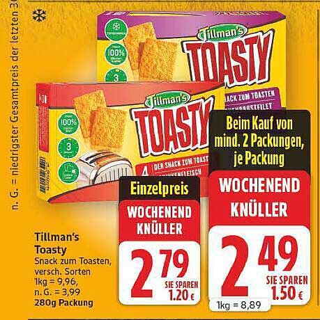 Tillman's Toasty Snack zum Toasten, versch. Sorten 280g Packung
