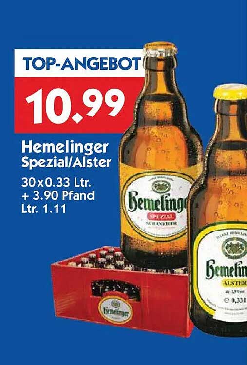 TOP-ANGEBOT Hemelinger Spezial/Alster 30 x 0.33 Ltr. + 3.90 Pfand Ltr. 1.11