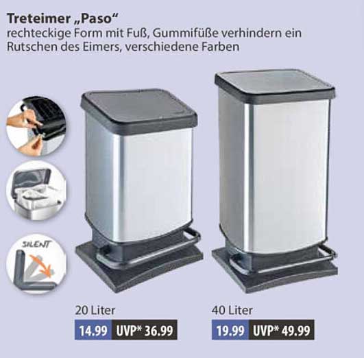 Treteimer „Paso“ rechteckige Form mit Fuß, Gummifüße verhindern ein Rutschen des Bimers, verschiedene Farben