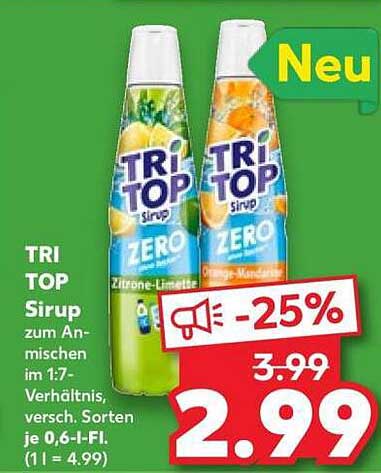 TRI TOP Sirup zum Anmischen im 1:7-Verhältnis, versch. Sorten je 0,6-l-Fl. (1 l = 4,99)