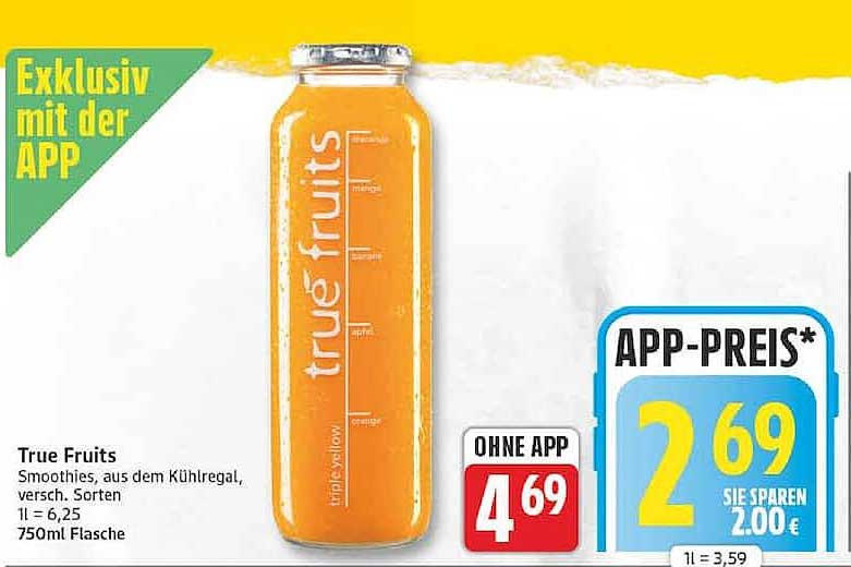 True Fruits Smoothies, aus dem Kühlregal, versch. Sorten 1l = 6,25 750ml Flasche