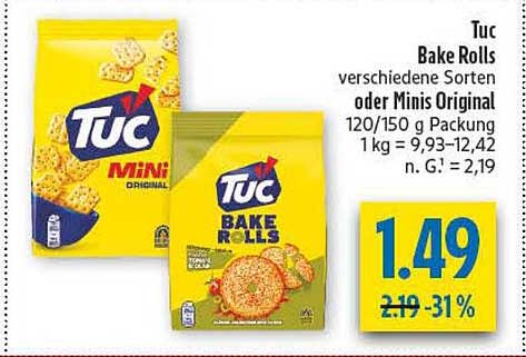 Tuc Bake Rolls verschiedene Sorten oder Minis Original 120/150 g Packung 1 kg = 9,93–12,42 n. G.! = 2,19