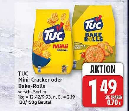 TUC Mini-Cracker oder Bake-Rolls verschieden. Sorten 1kg = 12,49/9,93, n. G. = 2,19 120/150g Beutel