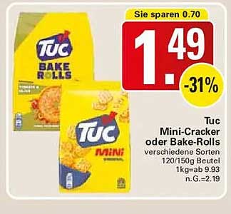 Tuc Mini-Cracker oder Bake-Rolls verschiedene Sorten 120/150g Beutel 1kg=ab 9.93 n.G.=2.19