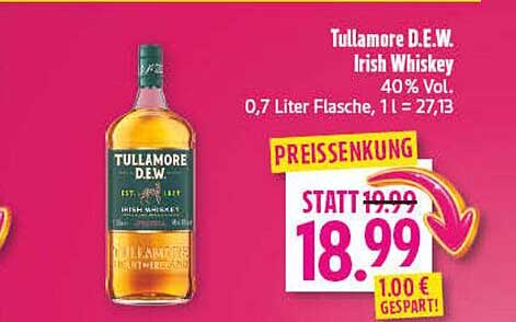 Tullamore D.E.W. Irish Whiskey 40% Vol. 0,7 Liter Flasche, 1 l = 27,13