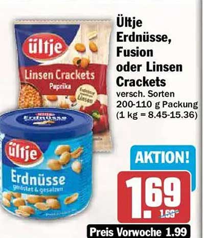 Ültje Erdnüsse, Fusion oder Linsen Crackets versch. Sorten 200-110 g Packung (1 kg = 8.45-15.36)