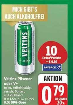 Veltins Pilsener oder V+ teilw. koffeinhaltig, versch. Sorten, + 0,25 Pfand, 0,5 l, P.G. = 0,99 0,5l DPG-Dose