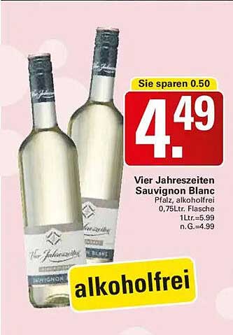 Vier Jahreszeiten Sauvignon Blanc Pfalz, alkoholfrei 0,75Ltr. Flasche