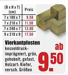 Vierkantpfosten kesseldruck-imprägniert, grün, gehobelt, gefast, Holzart: Kiefer, versch. Größen