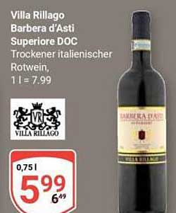 Villa Rillago Barbera d'Asti Superiore DOC Trockener italienischer Rotwein, 1 l = 7,99