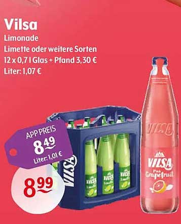 Vilsa Limonade Limette oder weitere Sorten 12 x 0,7 l Glas + Pfand 3,30 €