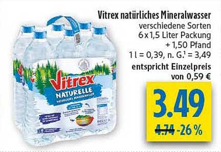 Vitrex natürliches Mineralwasser verschiedene Sorten 6 x 1,5 Liter Packung + 1,50 Pfand