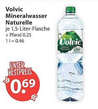 Volvic Mineralwasser Naturelle je 1,5-Liter-Flasche + Pfand 0.25 1 l = 0.46