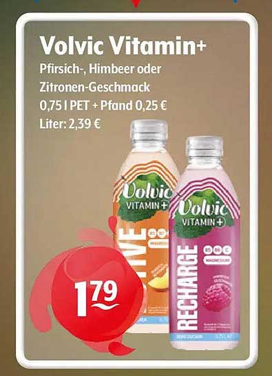 Volvic Vitamin+ Pfirsich-, Himbeer oder Zitronen-Geschmack 0,75 l PET + Pfand