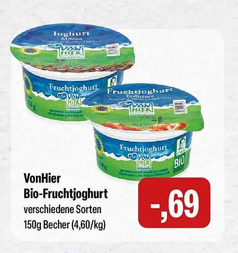 VonHier Bio-Fruchtjoghurt verschiedene Sorten 150g Becher (4,60/kg)