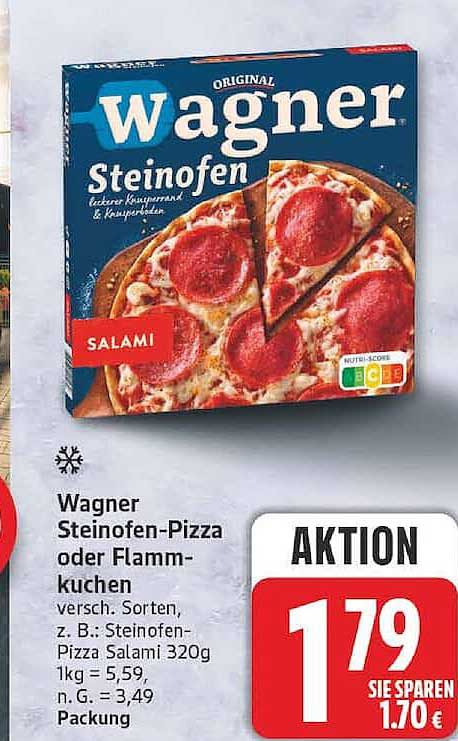 Wagner Steinofen-Pizza oder Flammkuchen versch. Sorten, z. B.: Steinofen-Pizza Salami 320g 1kg = 5,59, n. G. = 3,49, Packung