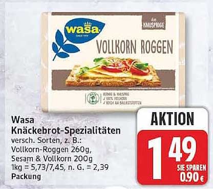 Wasa Knäckebrot-Spezialitäten versch. Sorten, z. B.: Vollkorn-Roggen 260g, Sesam & Vollkorn 200g, 1kg = 5,73/7,45, N. = 2,39, Packung