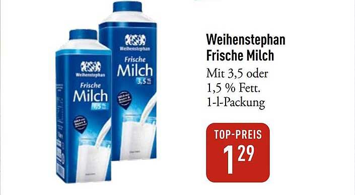 Weihenstephan Frische Milch Mit 3,5 oder 1,5 % Fett. 1-l-Packung