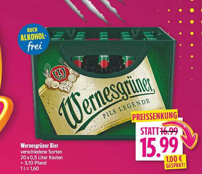 Wernesgrüner Bier verschiedene Sorten 20 x 0,5 Liter Kasten + 3,10 Pfand 1 l = 1,60