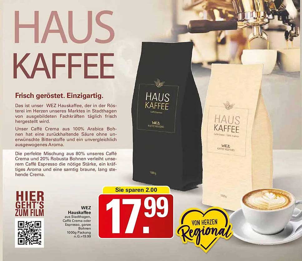 WEZ Hauskaffee aus Stadt Hagen, Caffè Crema oder Espresso, ganze Bohnen, 1000g Packung