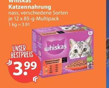 Whiskas Katzen­nahrung nass, verschiedene Sorten je 12 x 85-g-Multipack 1 kg = 3,91