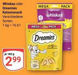 Whiskas oder Dreamies Katzensnack Verschiedene Sorten, 1 kg = 16.61