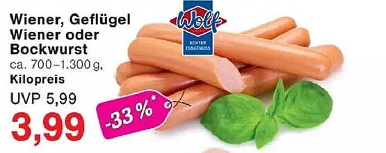 Wiener Geflügel Wiener oder Bockwurst ca. 700–1.300 g, Kilopreis