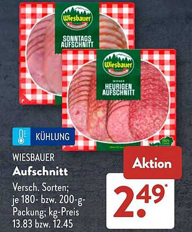 WIESBAUER Aufschnitt Versch. Sorten; je 180- bzw. 200-g-Packung; kg-Preis 13.83 bzw. 12.45