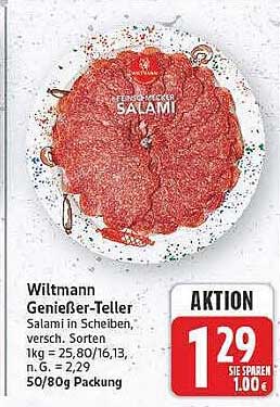 Wiltmann Genießer-Teller Salami in Scheiben, versch. 1kg = 25,80/16,13, n. G. = 2,29 50/80g Packung