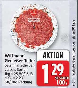 Wiltmann Genießer-Teller Salami in Scheiben, versch. Sorten 1kg = 25,80/16,13, n. G. = 2,29 50/80g Packung