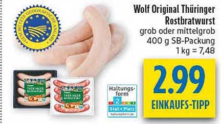 Wolf Original Thüringer Rostbratwurst grob oder mittelfrisch 400 g SB-Packung 1 kg = 7,48