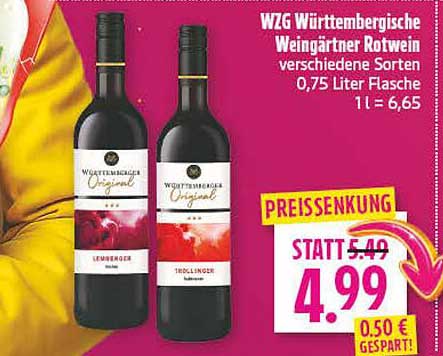 WZG Württembergische Weingärtner Rotwein verschiedene Sorten 0,75 Liter Flasche 1 l = 6,65