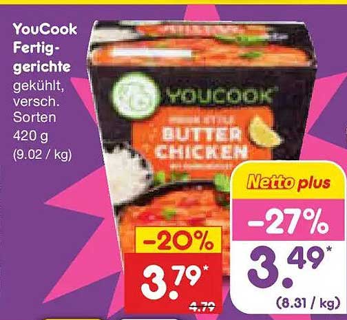 YouCook Fertiggerichte gekühlt, versch. Sorten 420 g (9.02 / kg)