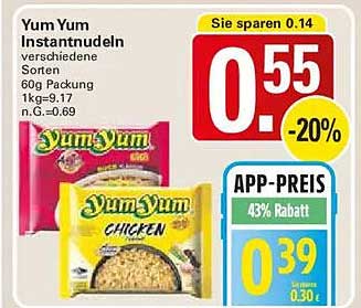 Yum Yum Instantnudeln verschiedene Sorten 60g Packung 1kg=9.17 n.G.=0.69