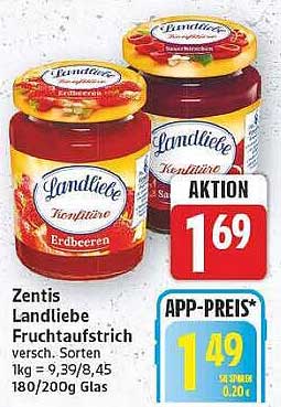 Zentis Landliebe Fruchtaufstrich versh. Sorten 1kg = 9,39/8,45 180/200g Glas