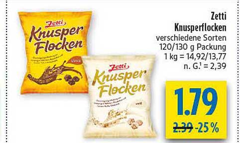 Zetti Knusper Flocken verschiedene Sorten 120/130 g Packung 1 kg = 14,92/13,77 n. G.! 2,39