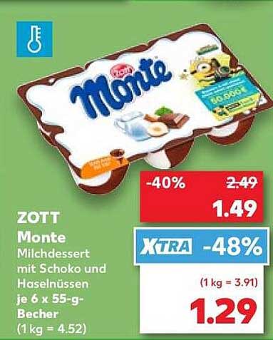 ZOTT Monte Milchdessert mit Schoko und Haselnüssen je 6 x 55-g-Becher