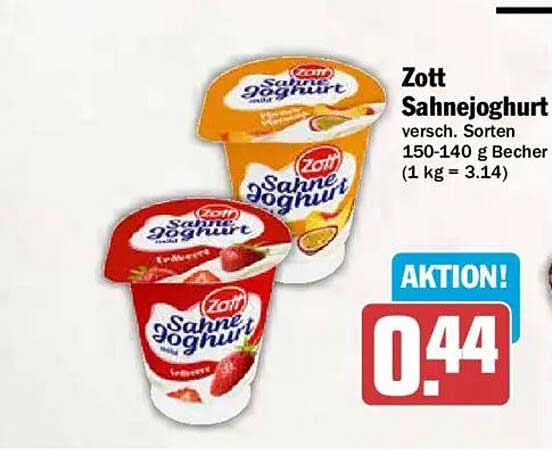 Zott Sahnejoghurt versch. Sorten 150-140 g Becher (1 kg = 3.14)