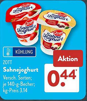ZOTT Sahnejoghurt Versch. Sorten; je 140-g-Becher; kg-Preis 3.14