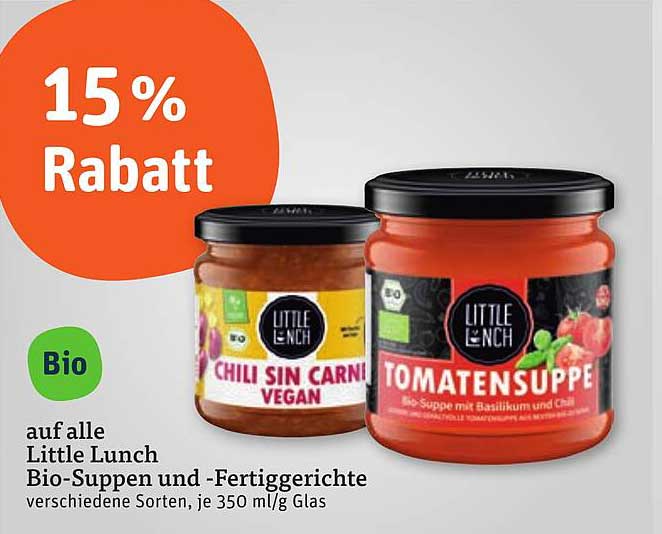 15 % Rabatt auf alle Little Lunch Bio-Suppen und -Fertiggerichte