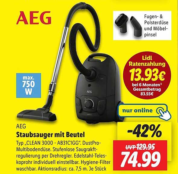 AEG Staubsauger mit Beutel Typ „CLEAN 3000 - AB31C1GG“