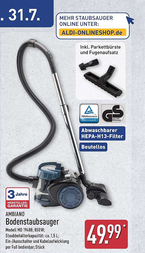 AMBIANO Bodenstaubsauger MD 19408 – Beutelloser Staubsauger mit HEPA-H13-Filter