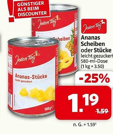 Ananas Scheiben oder Stücke leicht gezuckert 580-ml-Dose